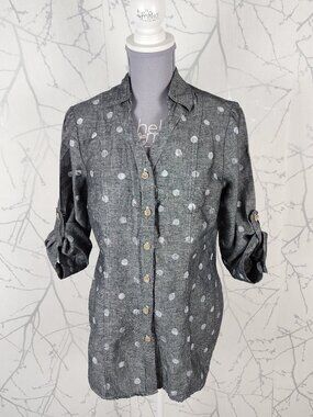 Harve Benard Gray Polkadot Linen Cotton V-Neck Button Front Blouse